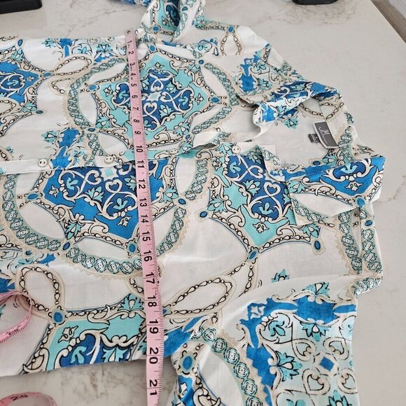 NEW JM Collection Summer Sunset Small Viscose & Linen Blue/White Print Blouse - Picture 9 of 9
